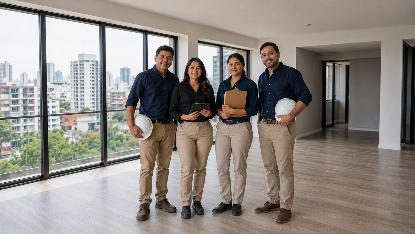 Cuatro integrantes del equipo técnico de Home Inspection SV, con casco, tableta y tablilla, dentro de un apartamento vacío